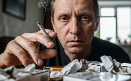 Мужчина курит, на столе много пачек сигарет